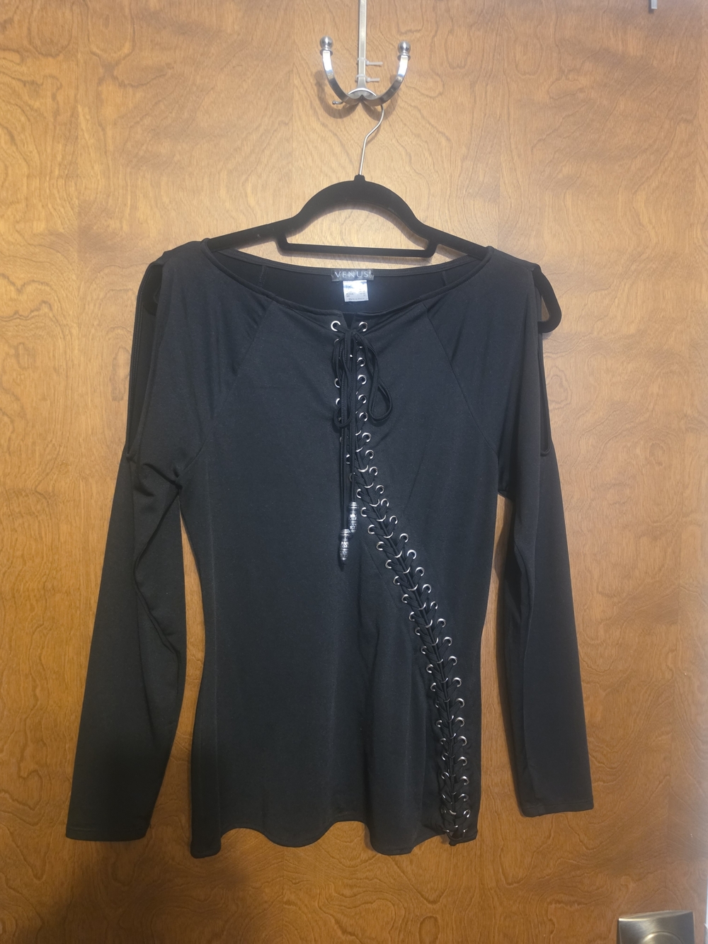 VENUS Black Long Sleeve Lace-Up Front Top